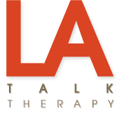 A green background with the words la talk therapy in red.